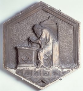 Sztuka Architektury, sześciokątna dekoracyjna płytka reliefowa z serii przedstawiającej praktykujących sztukę i naukę, prawdopodobnie na podstawie projektów Giotta (ok. 1266-1337) ok. 1334-1348 (marmur)